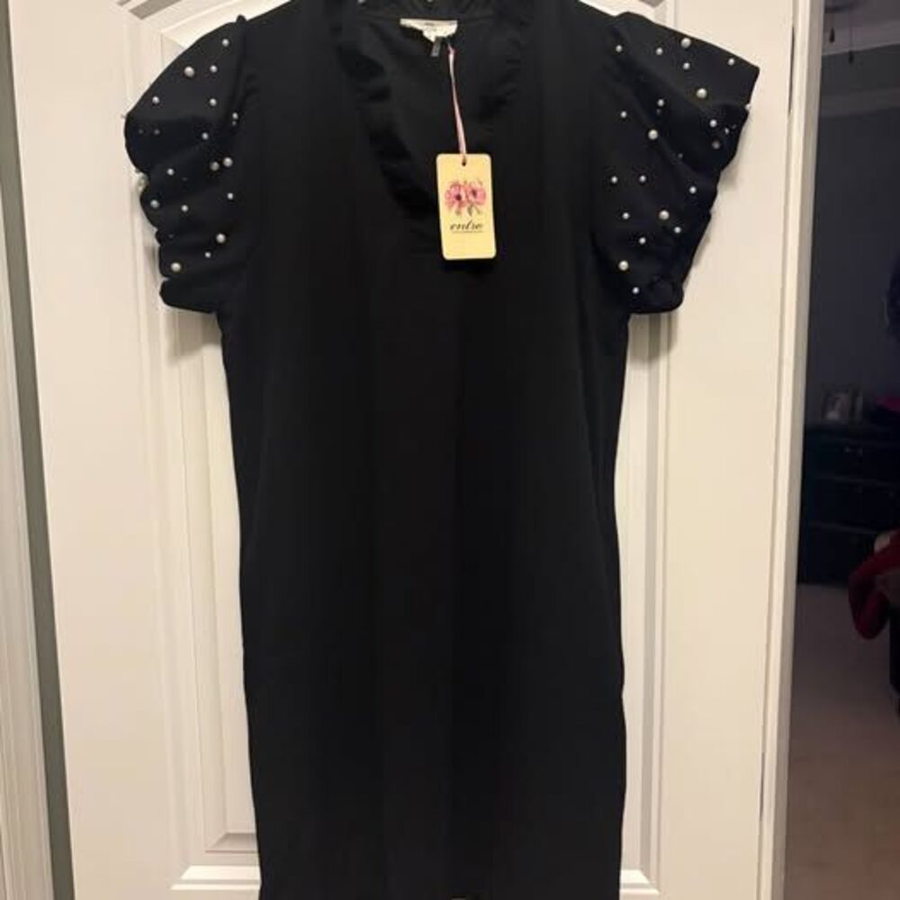 NEW Entro Black V-Neck Dress with Pearl Embellished Dress-S